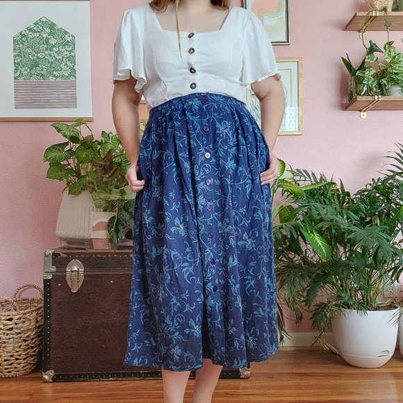 Lizsport Vintage Blue Tropical Floral Print Button Down Midi Skirt Size PM - Picture 5 of 16